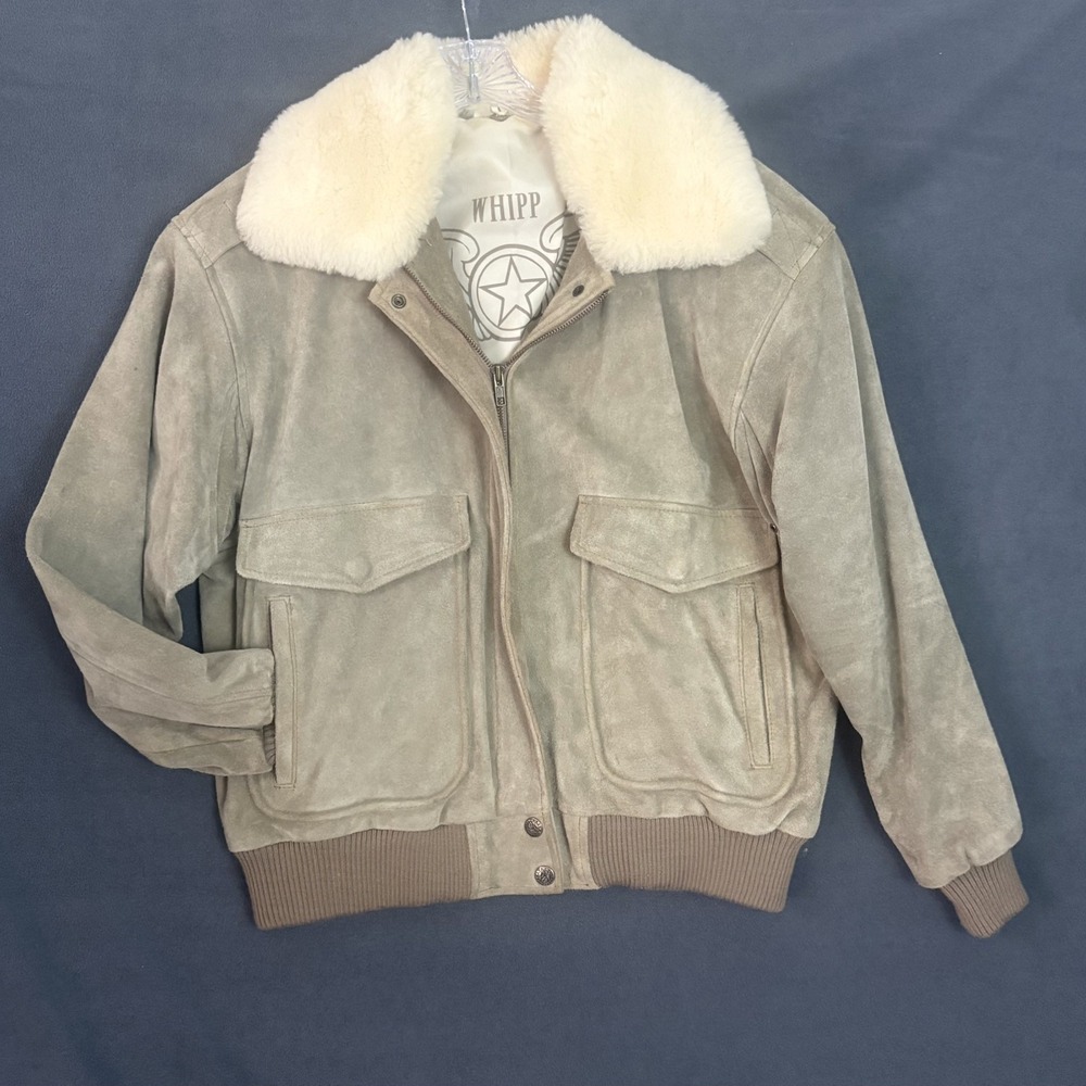 VTG Whipp Mens M Suede Sherling Bomber Jacket Gray Flight Aviator Fur Collar 70s